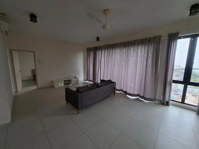 Living features: grey fabric sofa, floor-to-ceiling windows, sheer curtains, light-colored walls, tile flooring, ceiling fan, recessed downlights, TV console, open layout; style: modern; view: city.