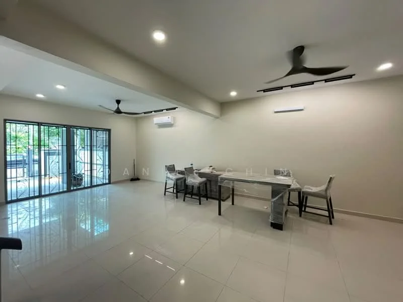 Dining features: white painted walls, glossy ceramic tile flooring, 5-blade ceiling fan with light, recessed LED downlights, dining table with chairs, sliding glass door, floor-to-ceiling windows, air conditioning unit; style: modern; view: garden.