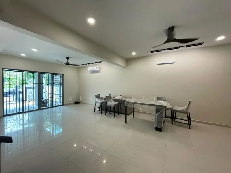 Living features: white painted walls, glossy ceramic tile flooring, 5-blade ceiling fan with light, recessed LED downlights, floor-to-ceiling sliding glass doors, blackout curtains, dining table with chairs, air conditioning unit; style: modern; view: garden.