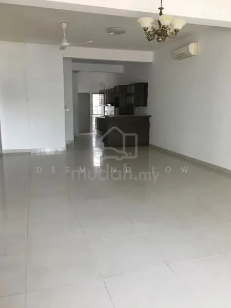 Living features: white painted walls, polished ceramic tile flooring, 5-blade ceiling fan with light, recessed downlights, air conditioning unit, large windows, open layout, neutral color scheme; style: modern. Kitchen features: dark cabinetry, countertop, open layout, unknown appliances; style: modern.