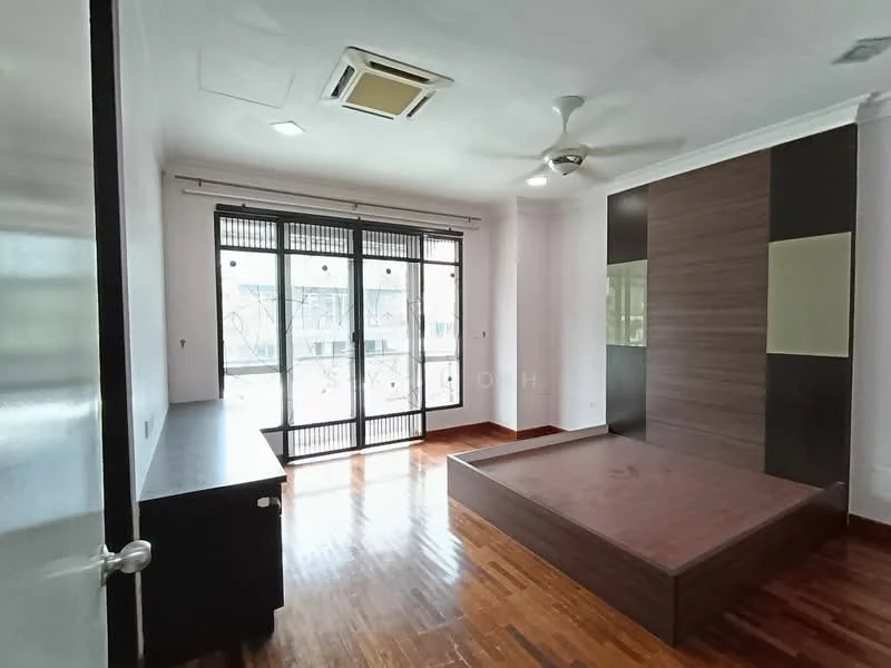 Room features: wooden flooring, white painted walls, ceiling fan, air conditioning unit, large sliding glass doors, black window frames, built-in wardrobe, wooden platform bed, natural light from windows, curtains, wall-mounted mirror; style: modern.
