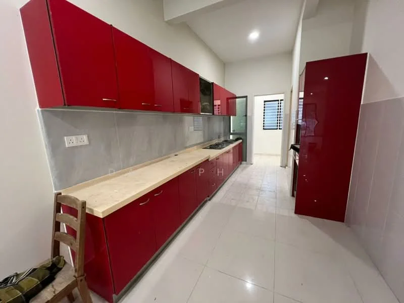 Kitchen features: red cabinetry, wood countertop, stainless-steel gas hob, built-in oven, white tiled backsplash, white tiled flooring, recessed lighting, single-bowl stainless-steel sink, window with blinds, open layout; style: modern.