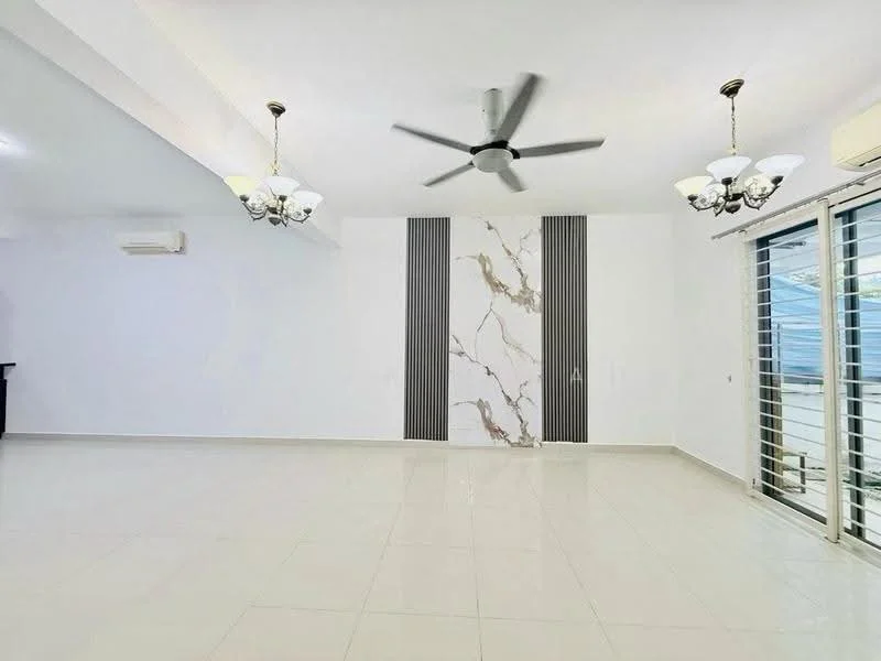 Living features: white painted walls, marble accent wall with vertical lines, tile flooring, 5-blade ceiling fan with light, 2 chandelier lights, floor-to-ceiling sliding glass doors, air conditioning unit, natural light from windows; style: modern.