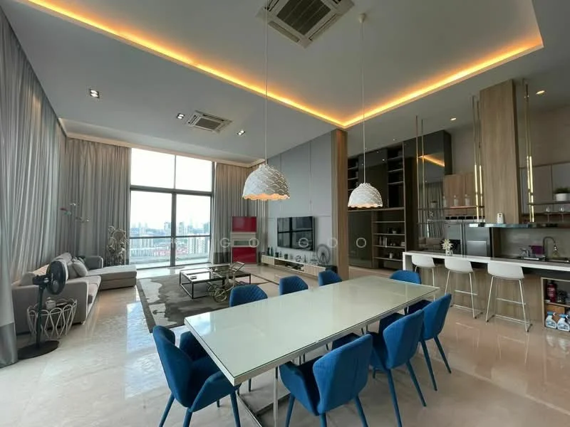 Living features: floor-to-ceiling windows, grey fabric sofa, area rug with geometric pattern, coffee table, wall-mounted TV, recessed LED downlights, 5-blade ceiling fan with light, decorative wall paneling, curtains, open shelving unit, bar stools, dining table with white top, blue upholstered dining chairs; style: modern; view: city.