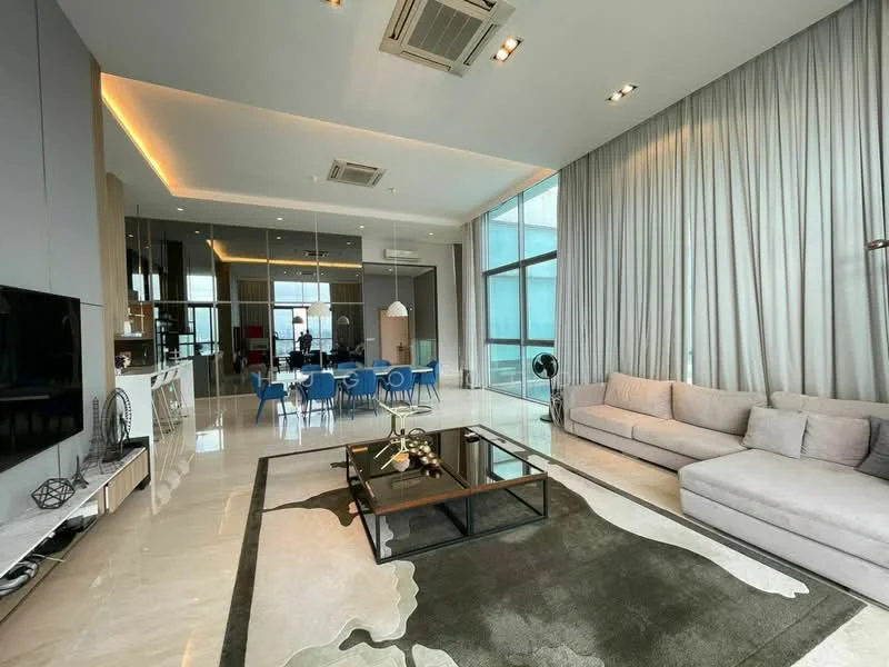 Living features: grey fabric sectional sofa, glass coffee table, area rug with abstract pattern, wall-mounted TV, white TV console, recessed downlights, floor-to-ceiling windows, curtains, marble flooring, ceiling-mounted air conditioning unit, decorative wall art; style: modern; view: city. Dining features: 6-seater dining table, blue dining chairs, pendant light fixture, open layout to living area; style: modern; view: city.