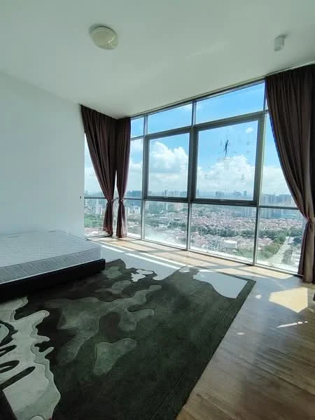 Bedroom features: large floor-to-ceiling windows, brown curtains, wooden flooring, area rug with abstract pattern, unmade bed with mattress, white painted walls, ceiling light fixture; style: modern; view: city.