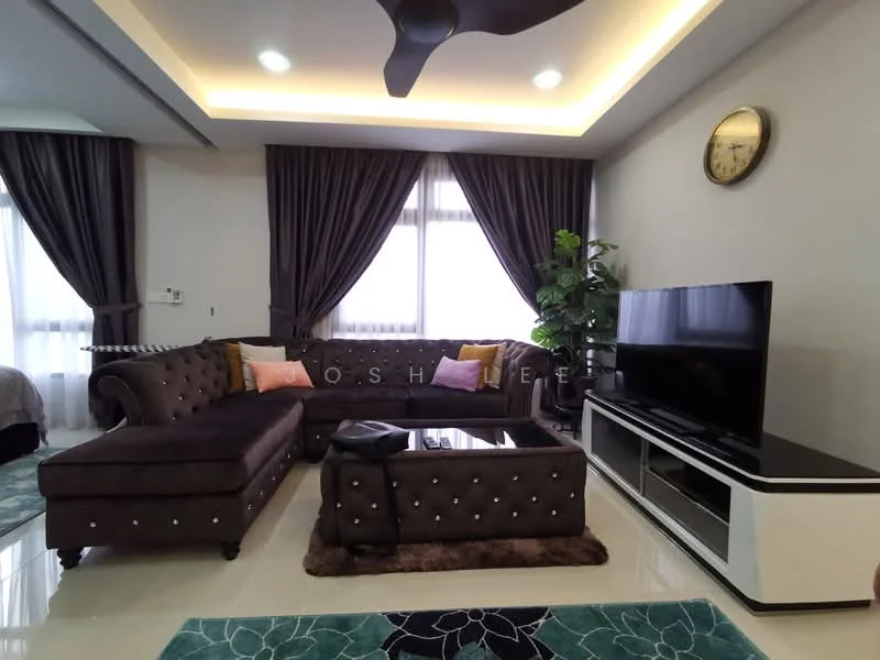 Living features: L-shape sectional sofa in dark brown with tufted design, coffee table with glass top and decorative elements, wall-mounted TV on white console, decorative wall clock, floor-to-ceiling windows with sheer curtains, dark brown curtains, ceiling fan with light, green indoor plant, area rug with floral pattern, recessed lighting, cream painted walls, glossy tile flooring; style: modern.