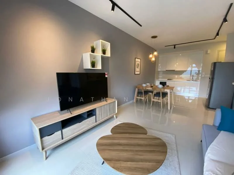Living features: grey painted walls, polished ceramic tile flooring, 5-blade ceiling fan with light, wall-mounted TV, wooden TV console, round wooden coffee table, area rug with geometric pattern, sofa in light grey fabric, decorative wall shelves with plants, dining table with four chairs, pendant lighting above dining area, open layout to kitchen; style: modern.