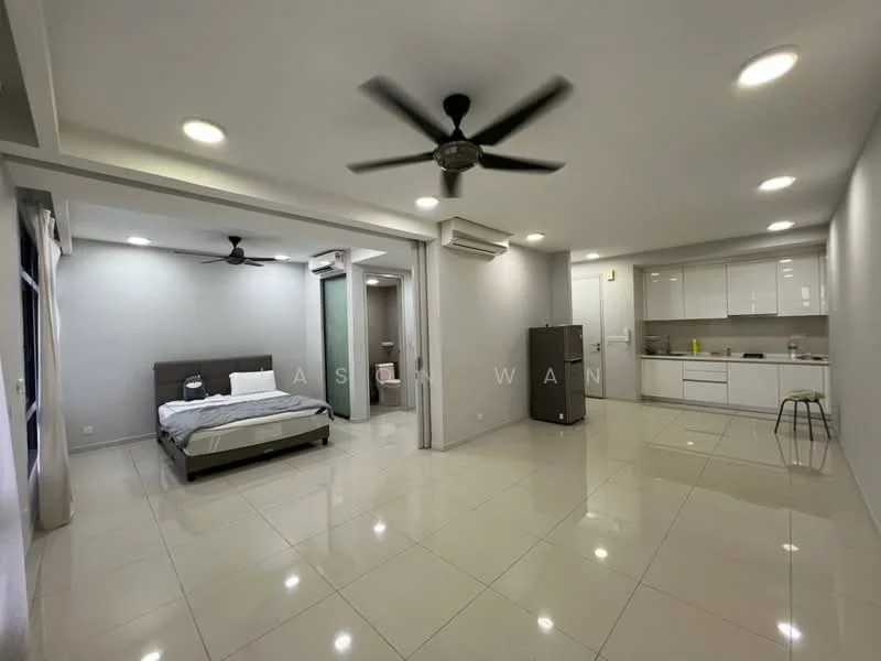 Living features: white painted walls, glossy tile flooring, 5-blade ceiling fan with light, 2 wall-mounted split AC units, sofa bed, kitchenette with white cabinetry, stainless-steel fridge, kitchen island with stool, recessed downlights; style: modern. Bathroom features: white tiled walls, white floor tiles, glass shower enclosure, single-sink vanity with mirror, toilet, recessed lighting; style: modern.