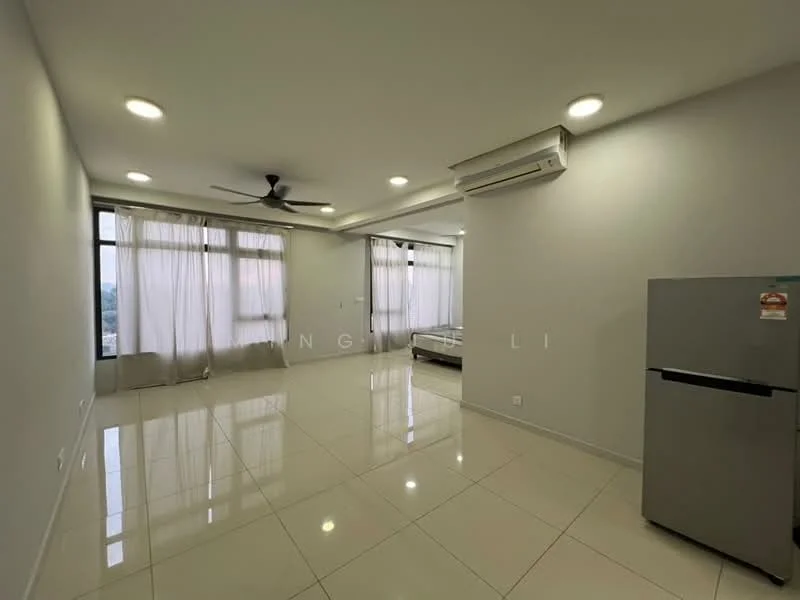 Living features: white painted walls, glossy ceramic tile flooring, 5-blade ceiling fan with light, recessed downlights, floor-to-ceiling windows with sheer curtains, air conditioning unit, stainless-steel fridge, single bed, bedside table; style: modern; view: city.