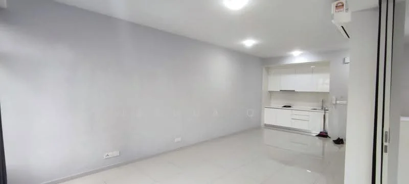 Living features: light grey painted walls, glossy white tile flooring, recessed LED downlights, air conditioning unit, open layout to kitchen, kitchen cabinetry with white finish, countertop, clean and minimalistic design; style: modern.