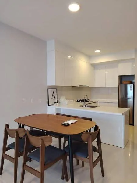 Kitchen features: white glossy cabinetry, marble countertop, stainless-steel gas hob, built-in oven, stainless-steel fridge, pendant lighting, tile backsplash, dining table with wooden legs, 4 wooden dining chairs, recessed ceiling lights, cream painted walls, polished tile flooring; style: modern.