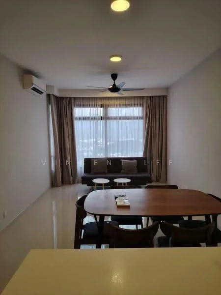 Living features: light-coloured walls, polished tile flooring, 5-blade ceiling fan with light, floor-to-ceiling windows, sheer curtains, brown fabric sofa, 2 white side tables, wooden dining table, 4 wooden dining chairs, air conditioning unit; style: modern; view: city.