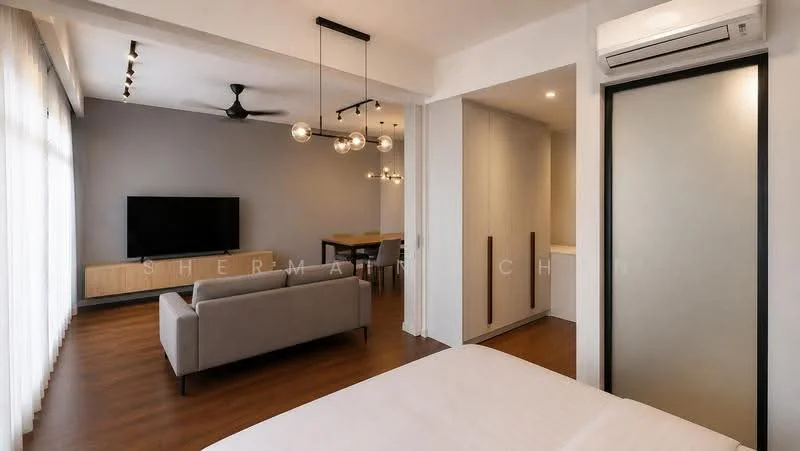 Living features: 3-seater fabric sofa in grey, wall-mounted TV, TV console, wooden flooring, 5-blade ceiling fan with light, pendant lighting, large windows with sheer curtains, dining table, decorative wall, air conditioning unit; style: modern. Room features: white walls, wooden flooring, air conditioning unit.