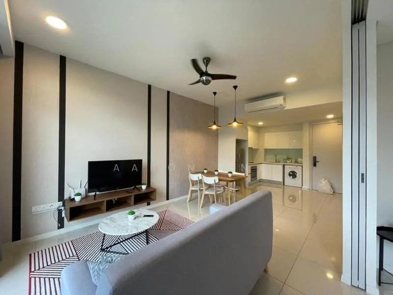 Living features: 3-seater fabric sofa in light grey, coffee table with marble top, area rug with geometric pattern, wall-mounted TV, TV console with storage, 5-blade ceiling fan with light, recessed downlights, decorative wall with vertical stripes, sliding glass door, dining table with 4 chairs, open layout to kitchen, white walls, tile flooring; style: modern. Kitchen features: white cabinetry, stainless-steel sink, built-in oven, freestanding range oven, microwave, refrigerator, washer/dryer combo, quartz countertop, tile backsplash, open shelving; style: modern.