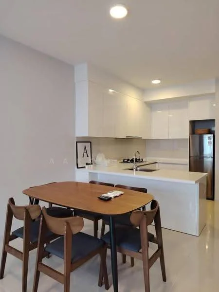 Kitchen features: white high-gloss cabinetry, marble countertop, stainless-steel sink, chrome pull-down faucet, built-in gas hob, built-in oven, stainless-steel fridge, pendant lighting, dining table with wooden legs, 4 wooden dining chairs, cream tiled backsplash, white walls, polished tile flooring; style: modern.