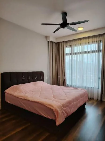 Bedroom features: king-size bed with upholstered headboard, pink bedspread, wooden flooring, 5-blade ceiling fan, floor-to-ceiling windows, sheer curtains, blackout curtains, recessed downlights, decorative wall, neutral painted walls; style: modern.