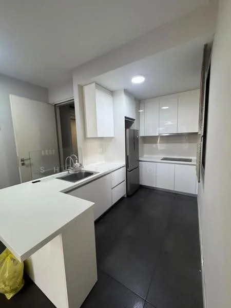 Kitchen features: white cabinetry, stainless-steel fridge, single-bowl stainless-steel sink, chrome pull-down faucet, quartz countertop, white backsplash, built-in oven, 4-burner gas hob, recessed downlights, grey tile flooring, open layout with island, window for natural light; style: modern.