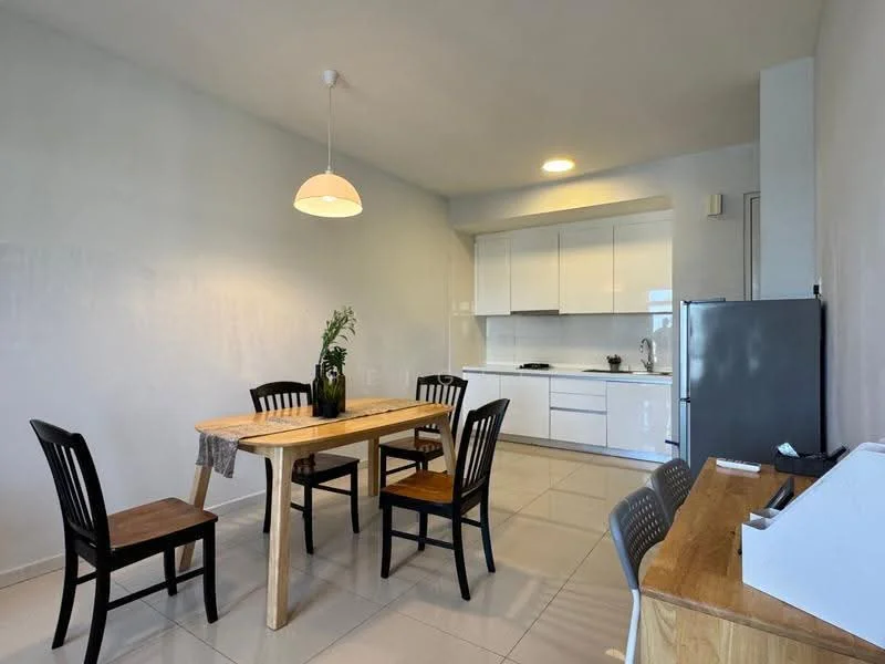 Dining features: wood dining table, 4 wooden dining chairs, pendant light fixture, white cabinetry, stainless-steel fridge, ceramic tile flooring, grey countertop, built-in gas hob, kitchen sink, open layout to kitchen; style: modern. Kitchen features: white cabinetry, grey countertop, built-in gas hob, kitchen sink, stainless-steel fridge; style: modern.