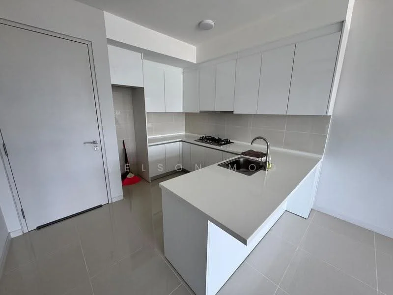 Kitchen features: white cabinetry, quartz countertop, stainless-steel sink, chrome pull-down faucet, built-in gas hob, wall-mounted cabinets, tile backsplash, ceramic tile flooring, recessed downlights; style: modern.