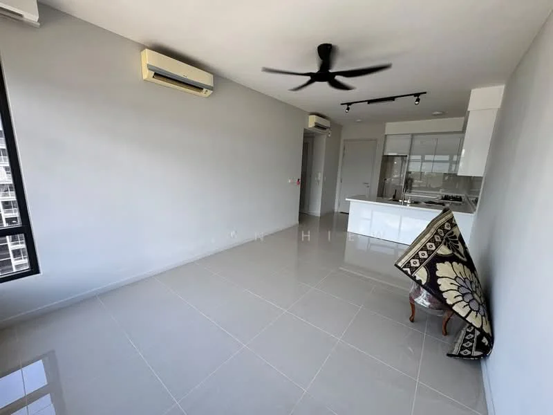 Living features: grey painted walls, polished ceramic tile flooring, 5-blade ceiling fan with light, 1 wall-mounted split AC, floor-to-ceiling windows, open layout to kitchen, kitchen island, decorative throw pillow on sofa; style: modern; view: city.