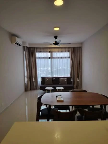 Living features: 3-seater fabric sofa in dark brown, 2 white side tables, dining table with wooden surface, 4 wooden dining chairs, floor-to-ceiling windows, sheer curtains, recessed downlights, 1 wall-mounted split AC, polished tile flooring, ceiling fan; style: modern.