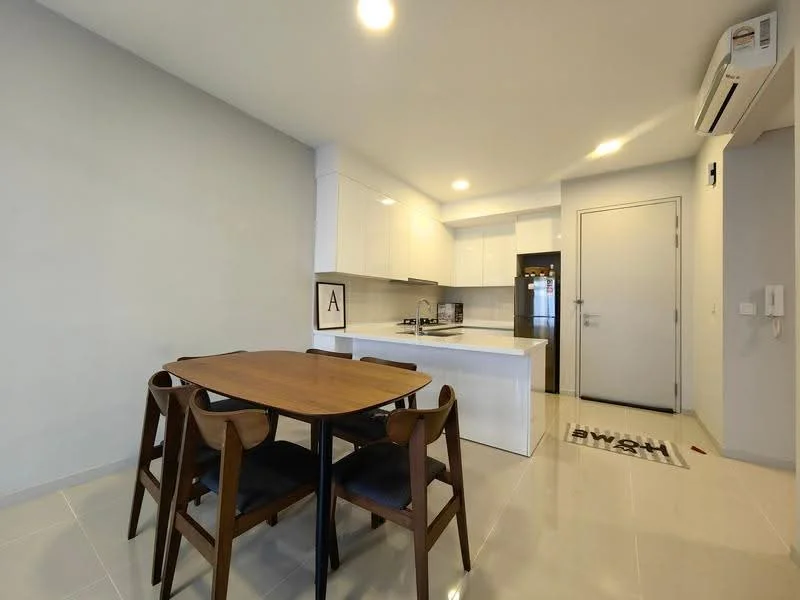 Kitchen features: white cabinetry, marble countertop, stainless-steel sink, chrome pull-down faucet, built-in oven, stainless-steel fridge, ceramic tile flooring, recessed downlights, open layout, wall-mounted air conditioning unit; style: modern. Dining features: wooden dining table, 4 dining chairs, minimalist design; style: modern.