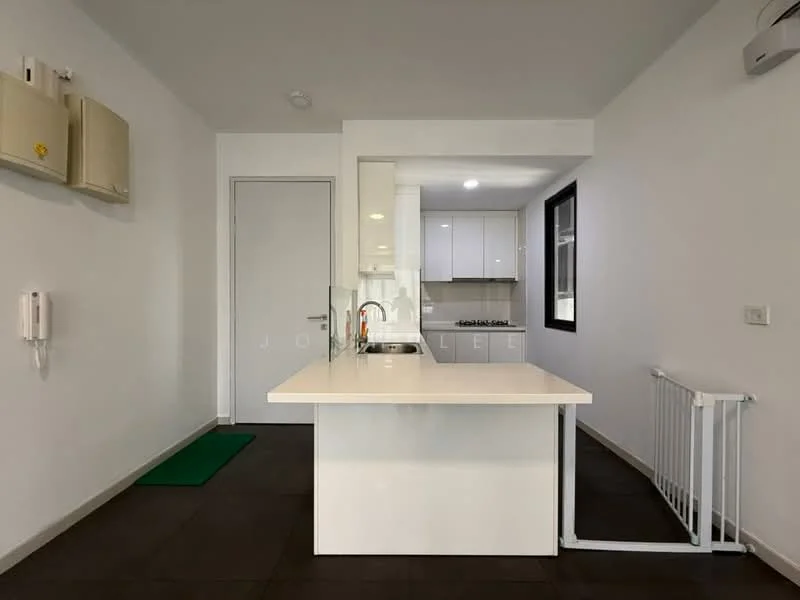 Kitchen features: white cabinetry, stainless-steel sink, chrome pull-down faucet, white countertop, built-in oven, 4-burner gas hob, refrigerator, wall-mounted split AC, tile flooring, light fixture, open layout, doorway to hallway; style: modern. Room features: white walls, door to hallway, intercom panel, wall-mounted heating unit.