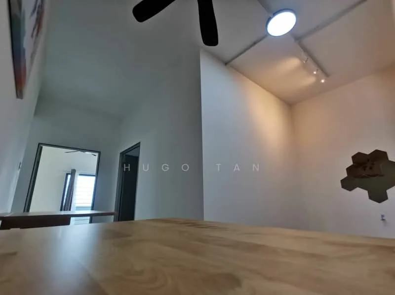 Room features: light wood flooring, white painted walls, ceiling fan, recessed downlights, open space layout, decorative wall art, doorway leading to another room; style: modern.