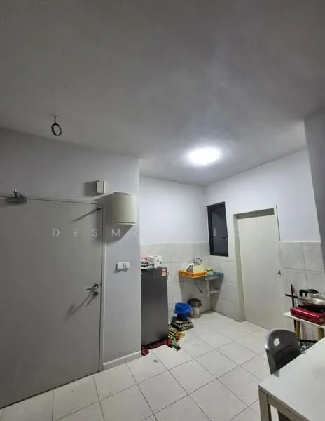 Kitchen features: grey painted walls, white tiled flooring, single-bowl stainless-steel sink, chrome pull-down faucet, built-in cabinet, refrigerator, window, ceiling light, countertop, kitchen utensils on countertop.