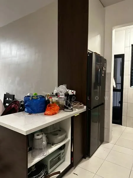 Kitchen features: white marble countertop, dark wood cabinetry, stainless-steel fridge, microwave, kettle, various kitchen utensils, open shelving, tile flooring, wall-mounted cabinets, sink, multiple containers, appliances on countertop; style: modern.