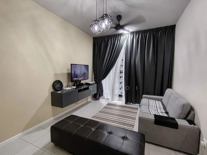 Living features: grey fabric sofa, black ottoman, wall-mounted TV, black TV console, striped area rug, 5-blade ceiling fan with light, black curtains, cream painted walls, recessed lighting; style: modern.
