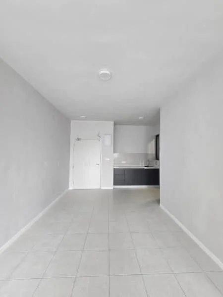 Room features: white painted walls, tile flooring, recessed ceiling lights, kitchen area visible, dark cabinetry, countertop, open layout; style: modern.