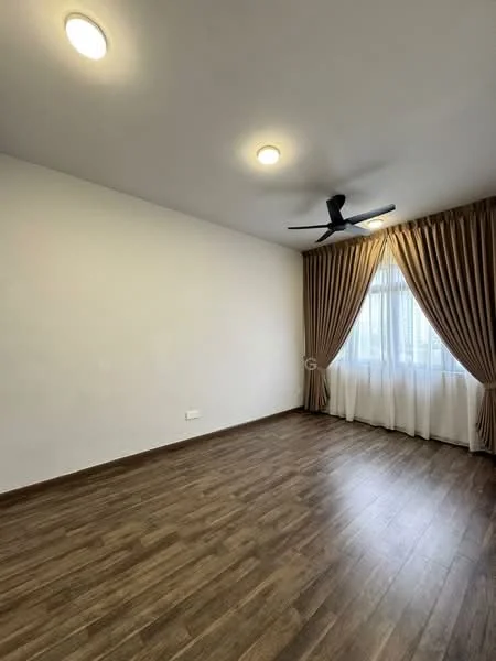 Room features: white painted walls, laminate wood flooring, 5-blade ceiling fan, recessed downlights, floor-to-ceiling window, sheer curtains, dark brown curtain drapes; style: modern.