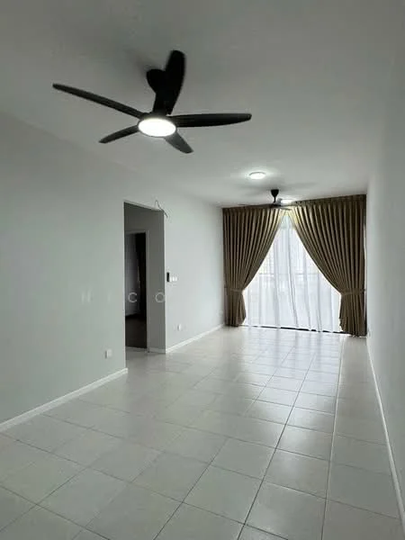 Living features: white painted walls, tile flooring, 5-blade ceiling fan with integrated LED light, floor-to-ceiling windows, sheer curtains, dark brown curtains, recessed ceiling lights, open layout; style: modern.