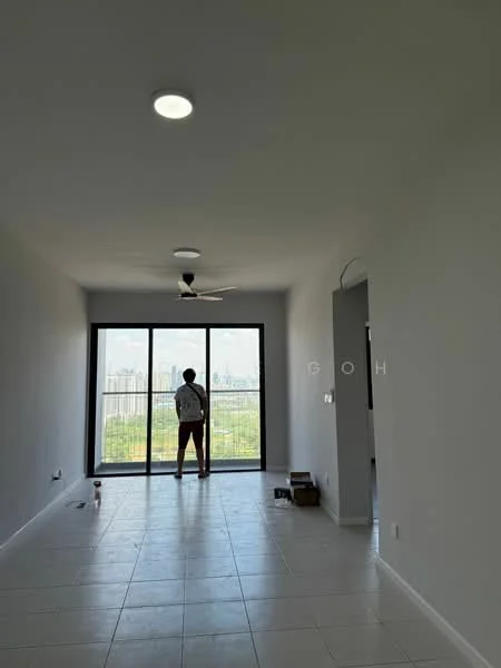 Living features: white painted walls, tile flooring, 5-blade ceiling fan with light, floor-to-ceiling windows, sliding glass door, city view, recessed lighting, open layout; style: modern; view: city.