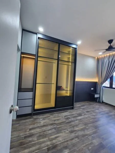 Bedroom features: wooden flooring, built-in wardrobe with glass doors, LED strip lighting, ceiling fan, curtains, neutral wall colour, corner desk, recessed lighting; style: modern.