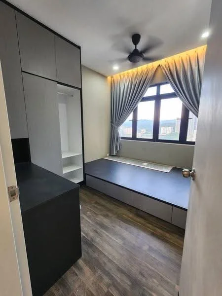 Bedroom features: wooden flooring, grey cabinetry, built-in wardrobe, large window with city view, black ceiling fan, curtains, platform bed, wall-mounted shelf; style: modern; view: city.