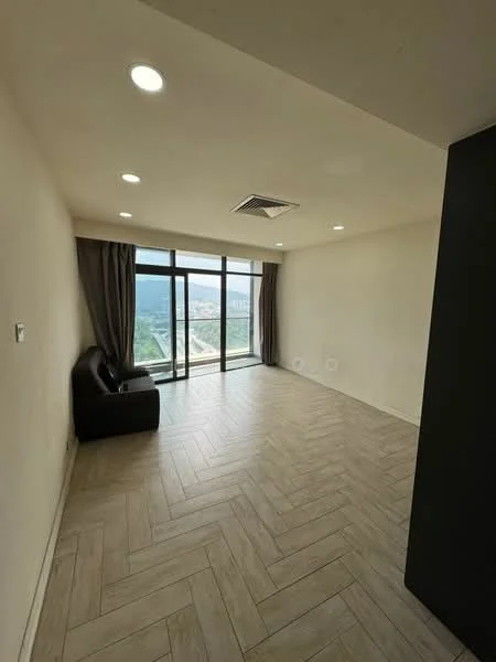 Living features: light-colored painted walls, herringbone patterned tile flooring, floor-to-ceiling windows, black leather sofa, curtains, recessed LED downlights, ceiling-mounted air conditioning unit, view of mountains, open layout; style: modern; view: mountain.