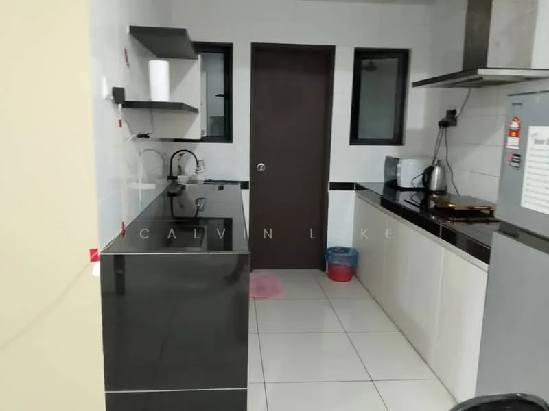 Kitchen features: black granite countertop, white cabinetry, stainless-steel sink, chrome pull-down faucet, built-in stove, stainless-steel range hood, microwave, refrigerator, tile flooring, white tiled backsplash, two windows, door leading to another room; style: modern.