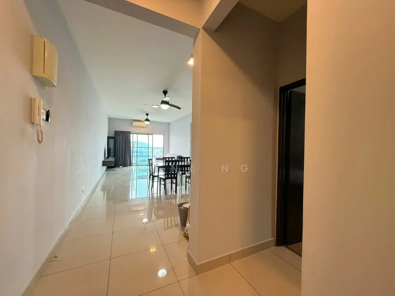 Room features: white painted walls, glossy ceramic tile flooring, 5-blade ceiling fan, recessed downlights, large windows with city view, dining table with chairs, sliding glass door, curtains, wall-mounted intercom, wall-mounted light switch; style: modern; view: city.