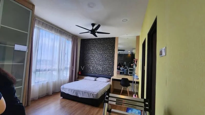 Bedroom features: queen-size bed with grey bedding, black accent wall with geometric pattern, floor-to-ceiling windows with sheer curtains, wooden flooring, 5-blade ceiling fan, built-in wardrobe with glass doors, study desk with black chair, decorative mirror, wall-mounted shelving unit; style: modern; view: city.