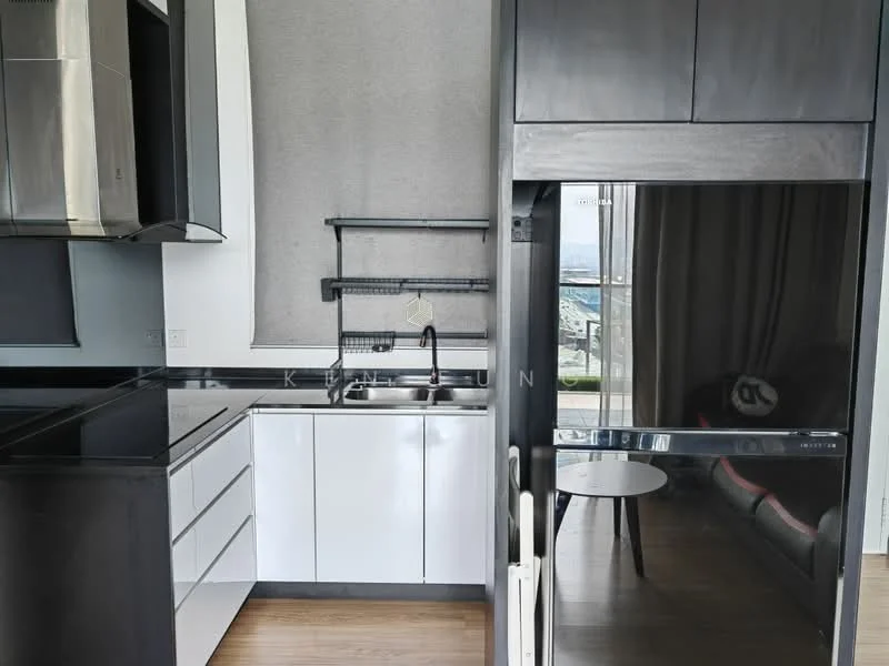 Kitchen features: black cabinetry, white lower cabinets, stainless-steel sink, chrome pull-down faucet, black countertop, built-in refrigerator, built-in oven, ceramic tile flooring, window with city view, open shelving, modern lighting, grey roller blinds; style: modern; view: city.