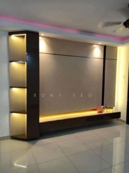 Living features: glossy ceramic tile flooring, light grey painted walls, built-in wall unit with shelves, backlit feature wall, recessed LED downlights, ceiling fan, floating TV console, decorative ledge with lighting; style: modern.