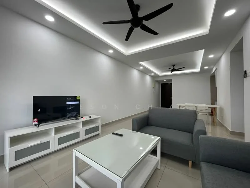 Living features: grey fabric 3-seater sofa, grey fabric 2-seater sofa, white coffee table with glass top, white TV console, wall-mounted flat-screen TV, recessed LED downlights, ceiling with LED cove lighting, 2-blade ceiling fan, cream tiled flooring, white painted walls; style: modern.