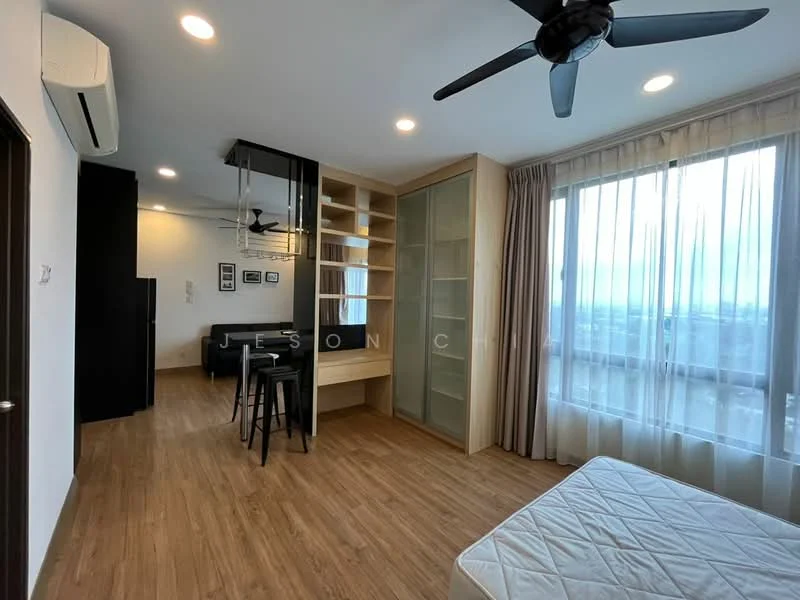 Living features: wooden flooring, white painted walls, ceiling fan, floor-to-ceiling windows, sheer curtains, built-in shelving unit, dining table with high stools, wall-mounted air conditioning unit, decorative wall art, open layout, natural light, city view; style: modern; view: city.