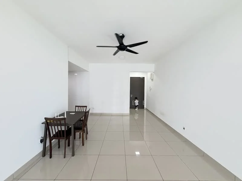 Room features: white painted walls, glossy ceramic tile flooring, 5-blade ceiling fan, dining table for four, four wooden dining chairs, door leading to another room, natural light from windows, minimalist decor; style: modern.