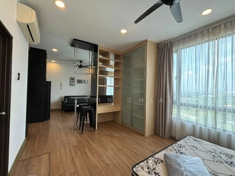 Living features: laminate flooring, floor-to-ceiling windows, sheer curtains, 5-blade ceiling fan, wall-mounted split AC, built-in shelving unit, dining table with 4 chairs, light-colored walls, decorative wall art, open layout, natural light, view of the outside, recessed downlights; style: modern; view: city. Room features: queen-size bed, upholstered headboard, bedding, decorative pillows.