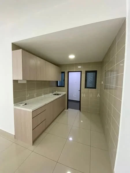 Kitchen features: light wood cabinetry, marble countertop, ceramic tile backsplash, stainless-steel sink, single-bowl stainless-steel sink, chrome pull-down faucet, built-in cabinets, recessed downlights, white walls, cream tiled flooring, two windows, open layout; style: modern.