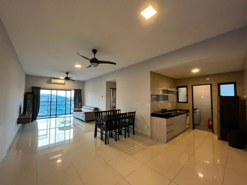 Living features: floor-to-ceiling windows, sliding glass door, 3-blade ceiling fan, dining table for 6, black dining chairs, sofa, TV console, wall-mounted TV, polished ceramic tile flooring, neutral painted walls, recessed downlights; style: modern; view: city. Kitchen features: stainless-steel sink, chrome pull-down faucet, granite countertop, white cabinetry, built-in oven, freestanding fridge, ceramic tile backsplash, 2-burner gas hob, microwave, washing machine; style: modern.